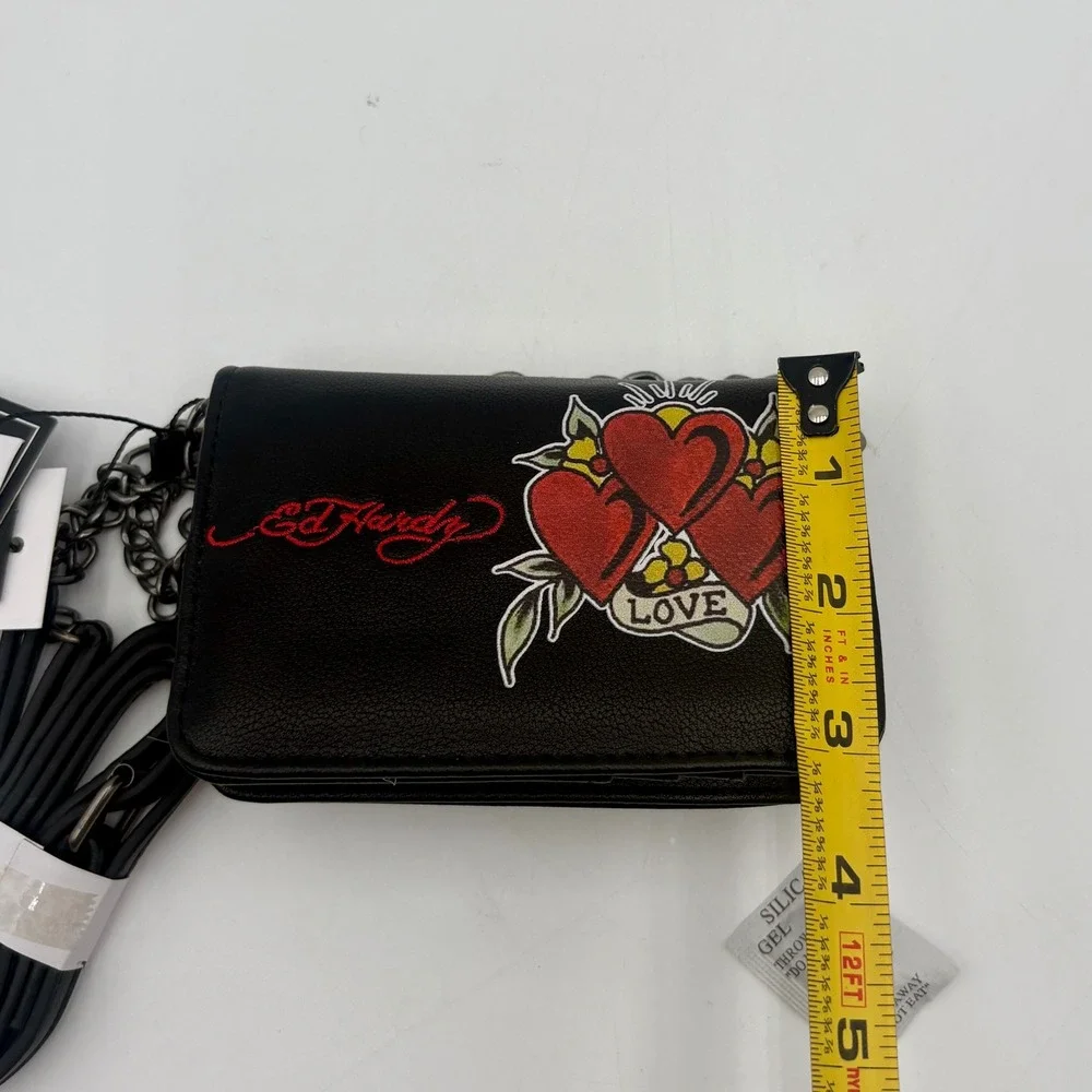 Ed‎ Hardy Black Faux Leather Crossbody Bag with Hearts Tattoo Design Chain Strap